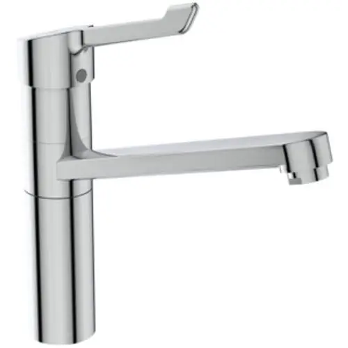 Küchenarmatur von Ideal Standard mit klinischem Hebel, hohem Auslauf und moderner Chrom-Oberfläche. Einsatzmöglichkeiten in verschiedenen Küchengestaltungen.